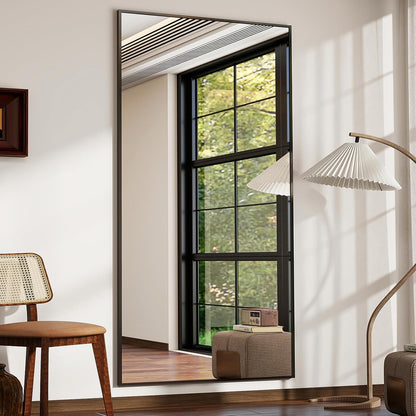 Koonmi 89 x 198 cm grote staande spiegel, robuuste full-body spiegel met minimalistisch smal aluminium frame, moderne grote wandspiegel, staand of hangend voor woonkamer en slaapkamer, zwart