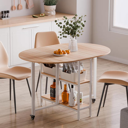 Mondeer Mobile Folding Dining Table, Folding Table with 2 Open Storage Shelves, Round Edges, Small Spaces, Dining Room, Kitchen, 120 x 80 x 75 cm, Oak and White