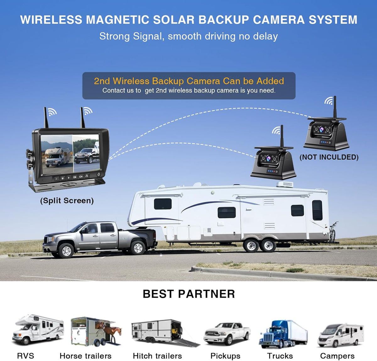 PARKVISION Draadloze Achteruitrijcamera Set 7 Inch - Magnetische Montage, 9600mAh Accu & Zonne-energie, 1080P met Nachtzicht en Opname