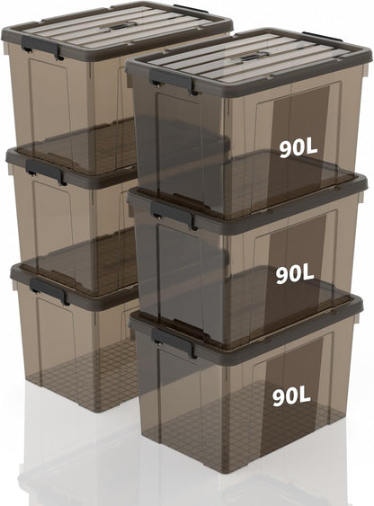 Opbergdozen, opbergdozen, draagbare kunststof dozen met handvat, stapelbare organisatiedozen voor slaapkamer, kantoor, school, transparant zwart, 90 l (set van 6)
