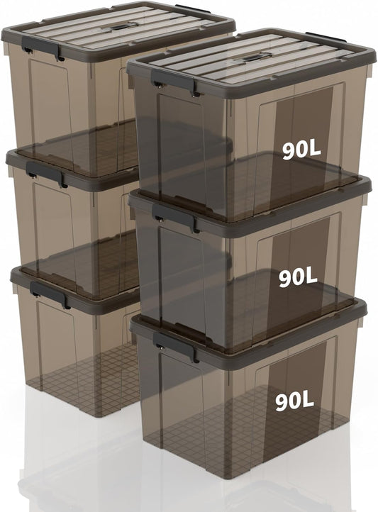 Opbergdozen, opbergdozen, draagbare kunststof dozen met handvat, stapelbare organisatiedozen voor slaapkamer, kantoor, school, transparant zwart, 90 l (set van 6)
