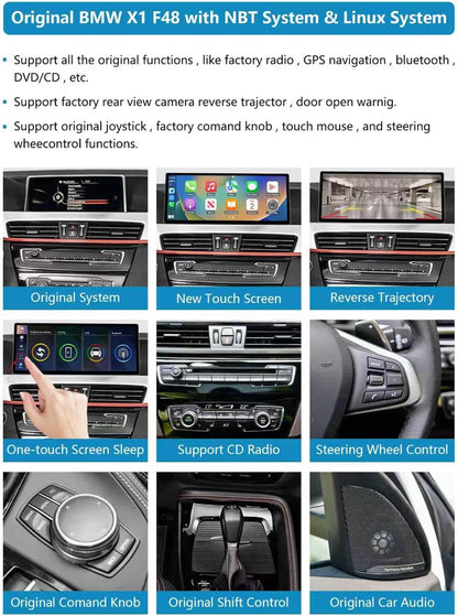Ninetom 12,3-inch autoradio met touchscreen, draadloze CarPlay en Android Auto voor BMW X1-serie F48 (2015-2018) met NBT-systeem, ondersteunt MirrorLink, camera en navigatie
