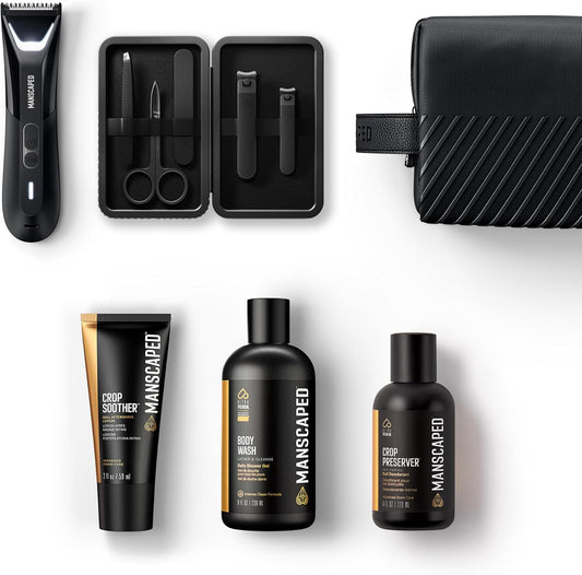 MANSCAPED® Het Premier-pakket 5.0 ULTRA, met The Lawn Mower® 5.0 ULTRA Lies- en lichaamshaartrimmer voor heren, Shears 3.0, Crop Preserver® Ball Deodorant, Refined® Body Wash, Crop Soother™, Shed 2.0