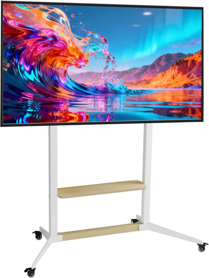 unho Mobiele tv-standaard met wielen voor tv's van 40-100 inch, witte tv-trolley, rollende tv-standaard met planken, verstelbare hoogte, heavy-duty MDF en stalen constructie, maximale belasting 100 kg