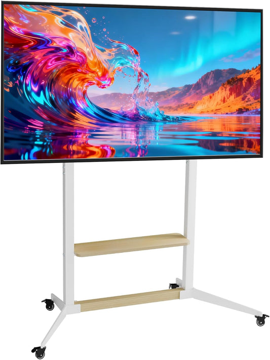 unho Mobiele tv-standaard met wielen voor tv's van 40-100 inch, witte tv-trolley, rollende tv-standaard met planken, verstelbare hoogte, heavy-duty MDF en stalen constructie, maximale belasting 100 kg