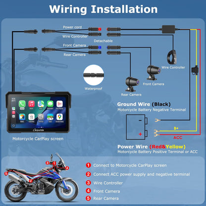 Motorfiets Navigatie – Motornavigatie – GPS Navigatie – CarPlay Scherm – Android Auto – 7 Inch Waterdicht Touchscreen – Dubbele 1080P Dashcam Voor en Achter
