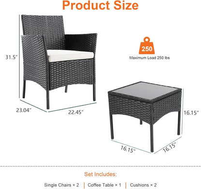 Patio Furniture Conversation Set Outdoor rotan stoel tuin PE rieten bank achtertuin balkon porch zwembadzijde loveseat met zacht kussen en glazen tafel, 3-delig, zwart