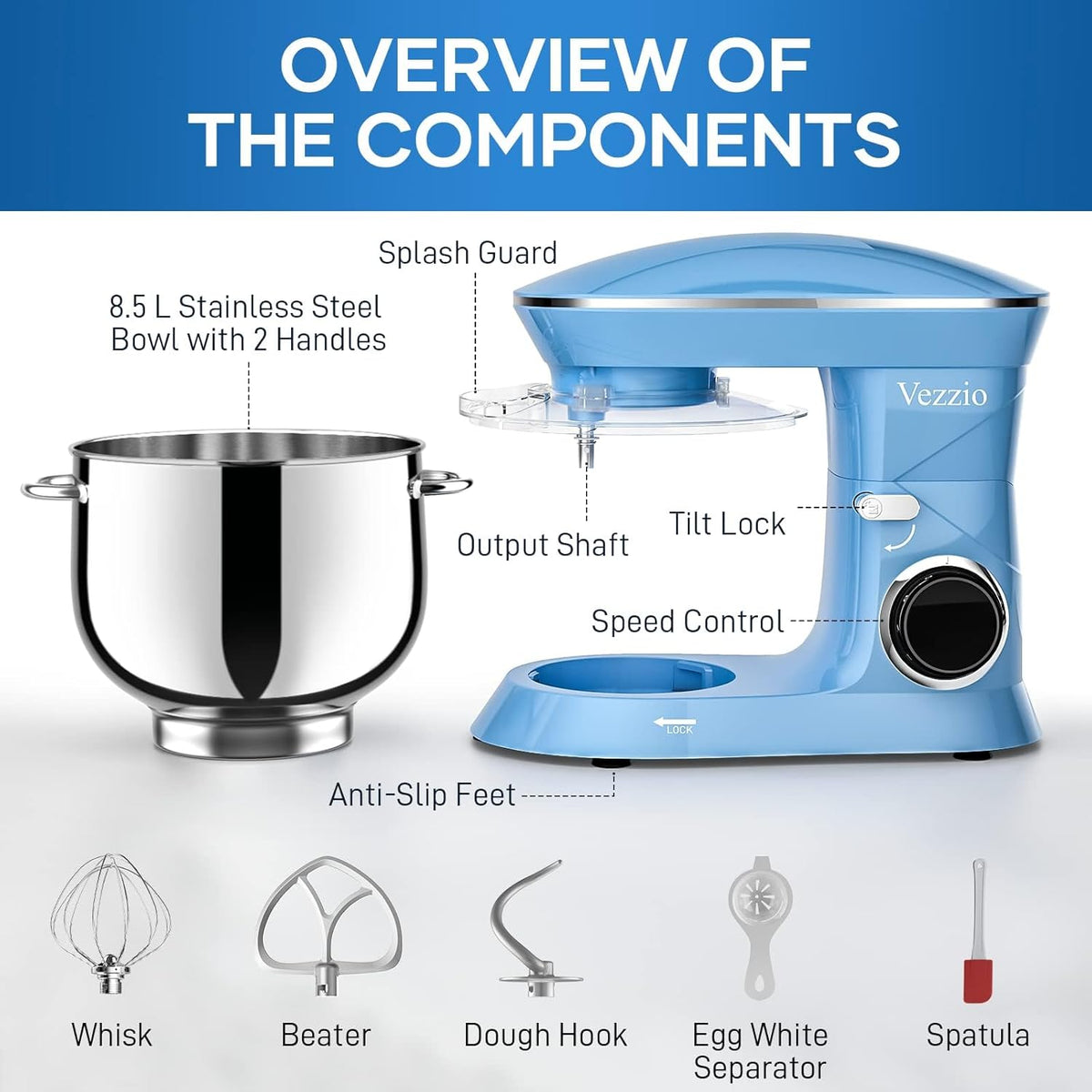Vezzio Food Processor Kneading Machine, 1500 W, Reduced Sound, Kneading Machine with Mixing Brush, 10 Speeds, 8.5 L, Stainless Steel Bowl, Baking with Kneading Hooks, Whisk, Flat Mixer (Blauw)