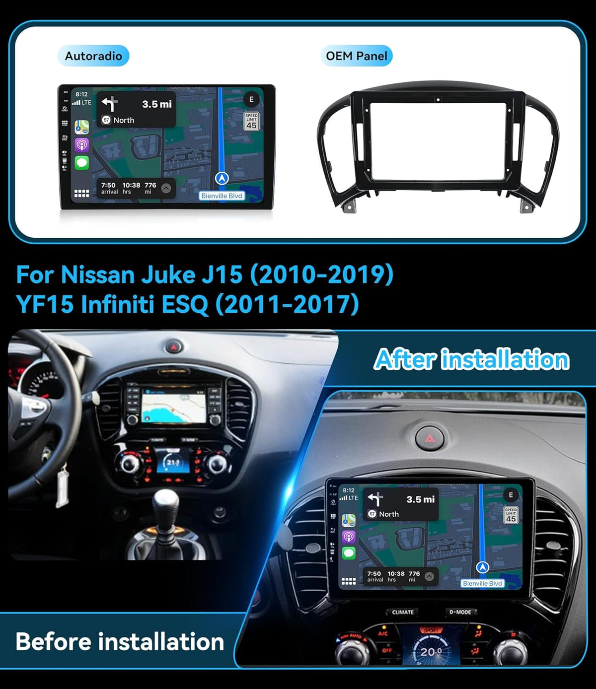 MSD Autoradio Voor Nissan Juke J15 / YF15 Infiniti ESQ (2010-2019) | Android 15 GPS Navigation Radio | 4G+64G | CarPlay Android Auto Stuurwiel DAB 4G WiFi DSP Bluetooth 360-CAM | Camera | 2 Din 9 Inch