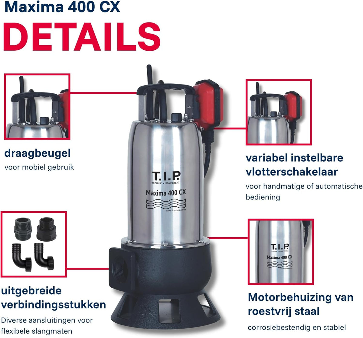 T.I.P. Maxima 400 CX 30140 Vuilwaterpomp, bouwpomp, debiet tot 24.000 l/u, opvoerhoogte max. 9 m/druk max. 0,9 bar, 950 W, met gegoten loopwiel, vergrendelbare vlotterschakelaar