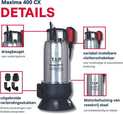 T.I.P. Maxima 400 CX 30140 Vuilwaterpomp, bouwpomp, debiet tot 24.000 l/u, opvoerhoogte max. 9 m/druk max. 0,9 bar, 950 W, met gegoten loopwiel, vergrendelbare vlotterschakelaar
