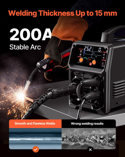 VEVOR MIG Welding Machine, 200 A, Syergetic Welding Machine, Portable MIG Gas Free 5-in-1 Gas Free Welding Machine, with IGBT Inverter Technology, LCD Display, TIG Lift Flashlight Not Included