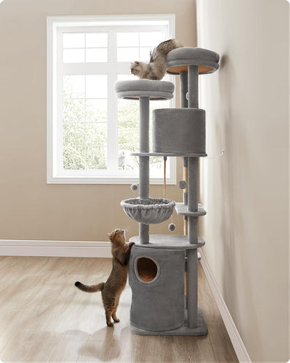 Feandrea krabpaal groot, XXL, 196 cm hoog, meerdere verdiepingen kattenboom met 2 grote platforms, 3 grotten, 2 ligbedden, 5 krabpalen, 4 pluche ballen, kattenborstel, tunnel, lichtgrijs PCT153W01