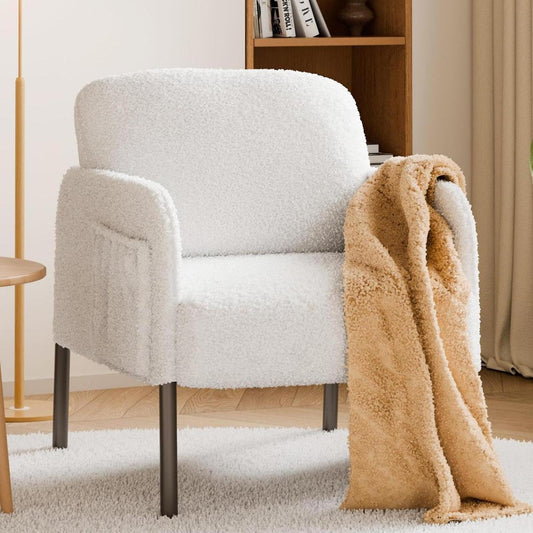 Mondeer Fauteuil, accentstoel met opbergtas en metalen poten, zachte imitatie lamswollen stof voor woonkamer, slaapkamer, leesreceptie, lounge, 63 x 75 x 75 cm, wit