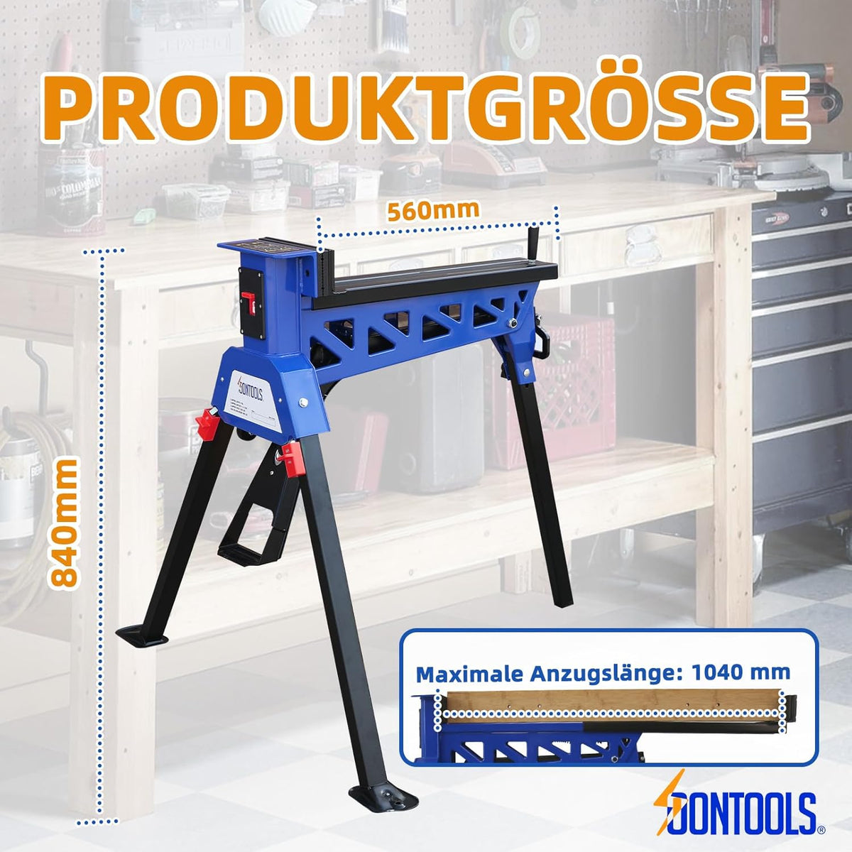 SoonTools Draagbaar werk- en klemsysteem, mobiele inklapbare werkbank met voetbediend mechanisme, 150 kg draagvermogen Horse Work Bench, materiaal ondersteuningsstation