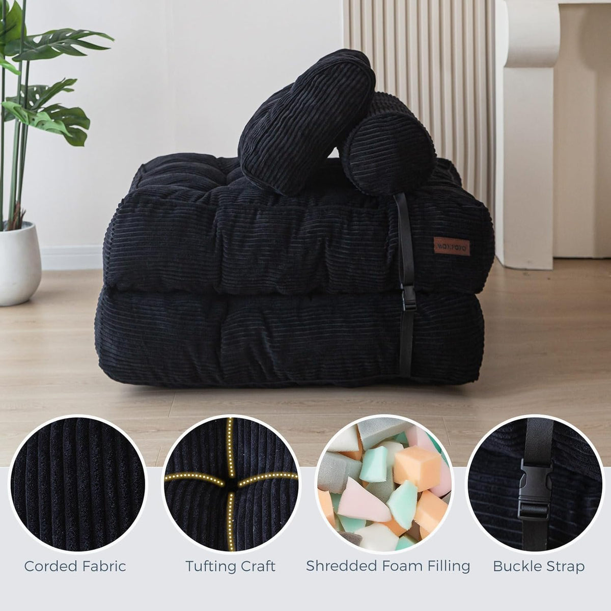 MAXYOYO Opvouwbare slaapbank, converteerbare slaapstoel met kussen, matras met rugsteun, draagbaar stoelbed, comfortabele lounge voor woonkamer, slaapkamer, zwart