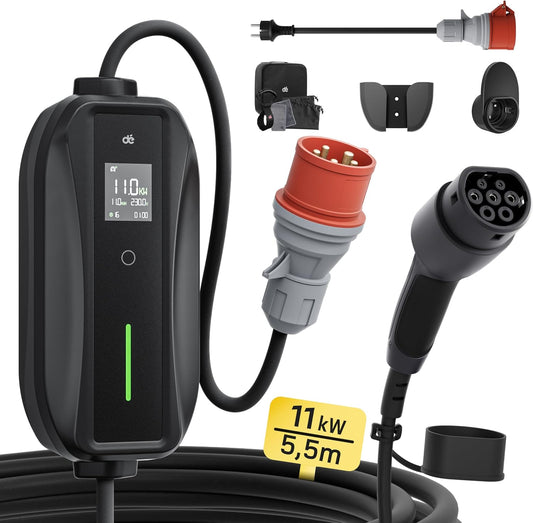 dé EV Charger Type 2 11kW [5,5m, 3-Fase, 6-16A] Laadpaal 11kW 3 Fase met instelbaar laadvermogen, Wandmontage Wallbox voor model Y/3, ID.3/4/5, Enyaq, EX30/XC40, Niro en Andere EV&PHEV
