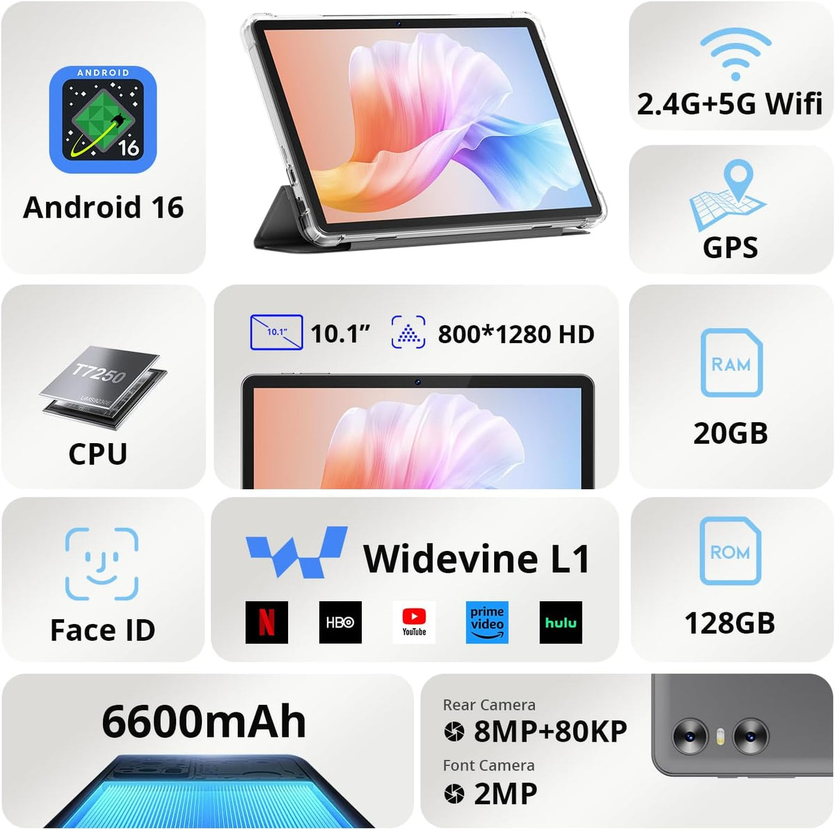 Android 16 Tablet, 10 inch Tablet with Case, T7250 Octa Core, 1280x800 HD IPS Screen, 6600mAh(with NTC), 2,4G 5G WiFi, BT5 0,GPS, Widevine L1, with Usb Ports