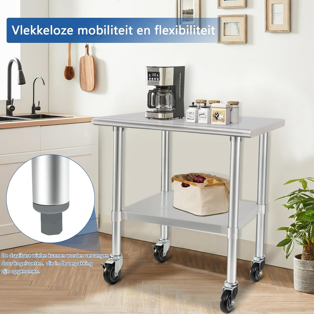 HARDURA Roestvrij Staal Tafel met Wielen 61×91 cm Rollen Zware Duty Commercieel Voedselbereidingstafels met Onderkast en Gegalvaniseerde Benen voor Restaurant Keuken Bar Hotel en Garages