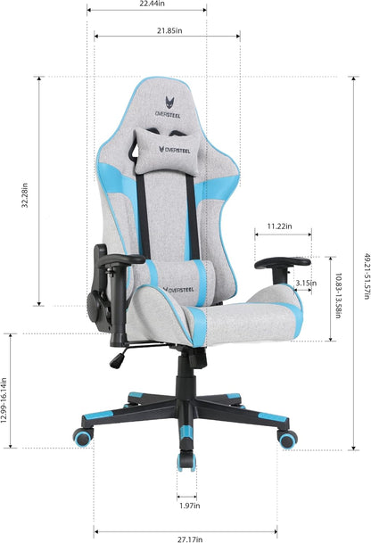 Oversteel - ULTIMET professionele gamestoel, ademende stof, 2D armleuningen, in hoogte verstelbaar, 180° verstelbare rugleuning, gaszuiger klasse 3, tot 120 kg, grijs/blauw
