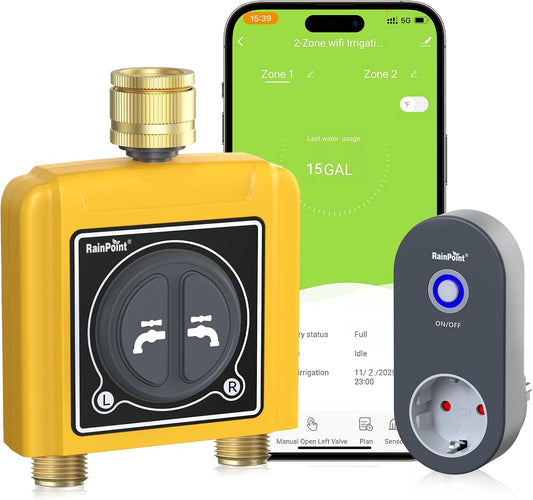 RAINPOINT Irrigatiecomputer, wifi, 2 uitgangen met messing inlaatuitlaat, intelligente watertimer voor tuinslang, regenvertraging/handmatig/app-irrigatie
