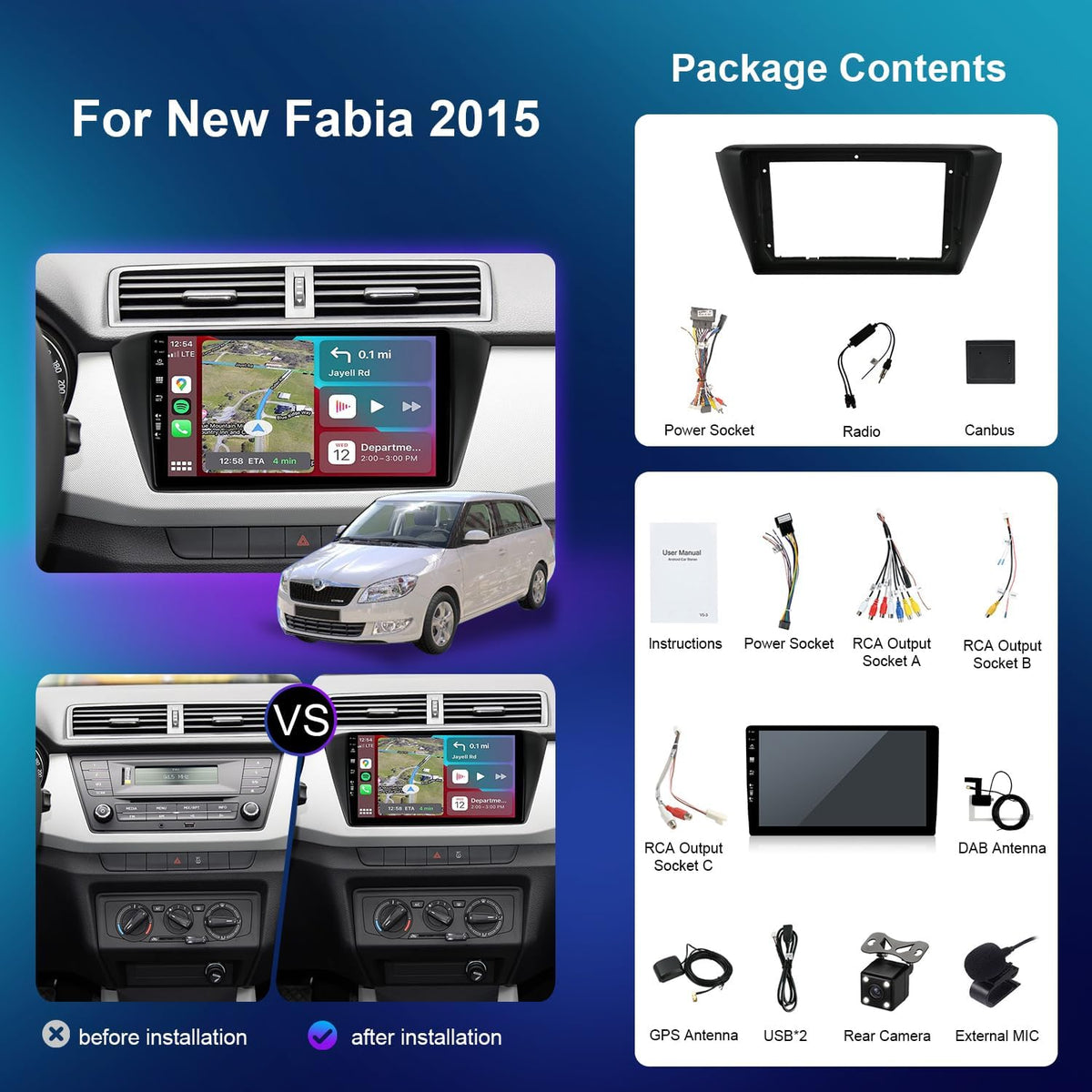 [DAB-4G+64G] Android 14 autoradio voor Skoda Fabia 2015-2021, geïntegreerde DAB+/CarPlay/Android Auto/DSP/GPS], 9 inch IPS 2.5D touchscreen-MIC + camera-USB/MirrorLink/Bluetooth