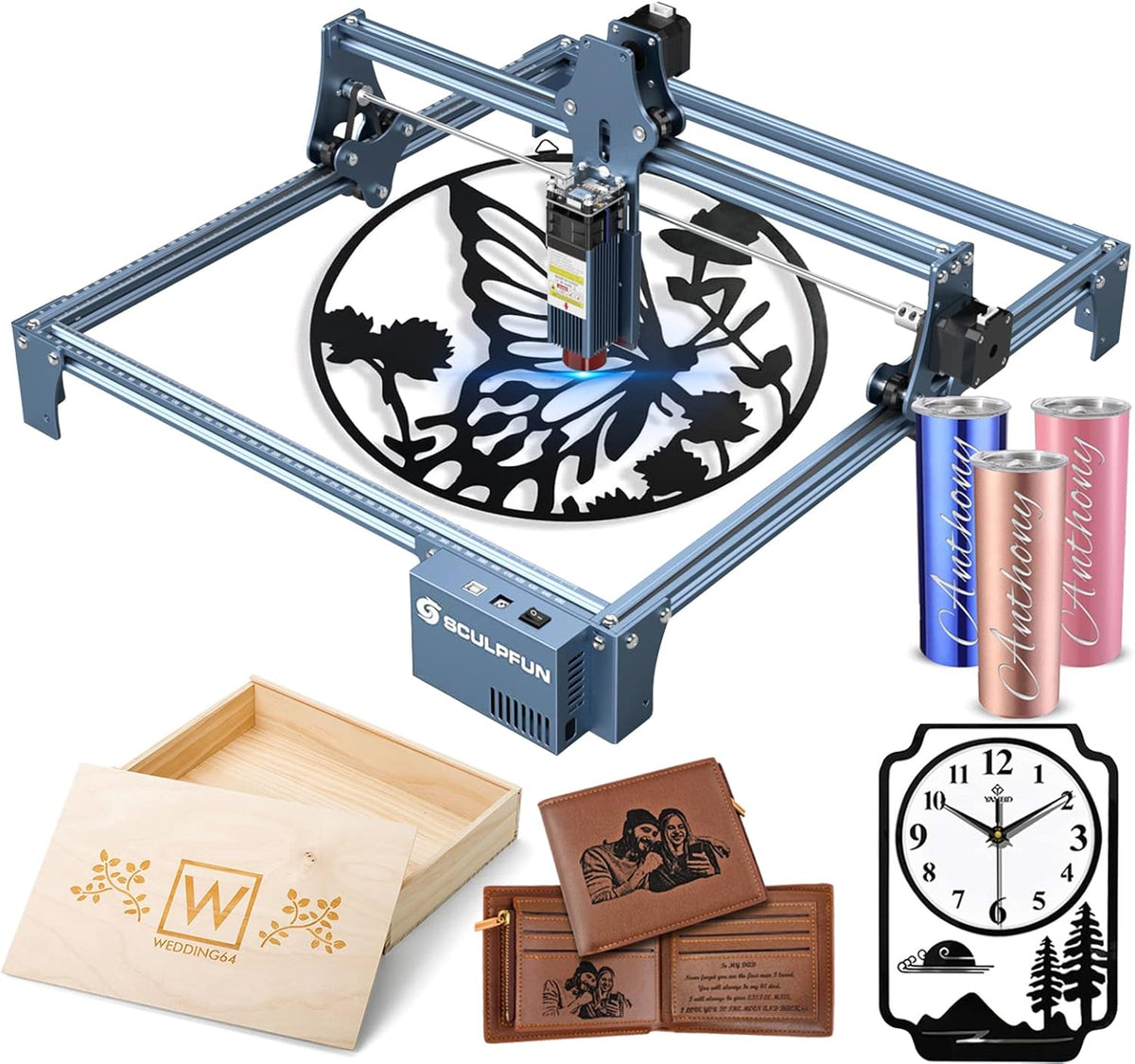 SCULPFUN S9 lasergraveermachine, 90W-effect CNC-lasersnijder, doe-het-zelf lasergraveermachine metaal, 0,06 mm nauwkeurige focuslasermodule voor het snijden van hout, metaal, ijzer, acryl, 410 * 420mm