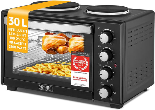 TZS First Austria - Minibakoven met kookplaten 30L 3200 W - Mini oven pizzaoven met kookplaten tot 230°C & 6 verwarmingsmodi - Minioven combi-apparaat met 4 inschuifhoogtes & hoogwaardig toebehoren