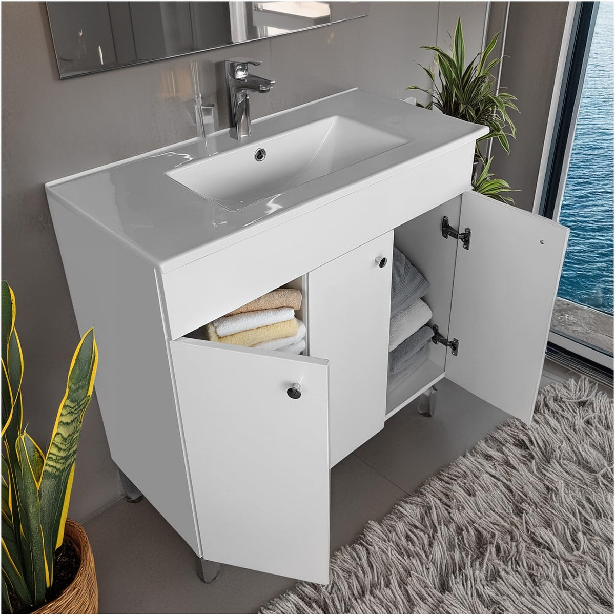 IGA washbasin with base cabinet - 80 x 84 x 40 cm basin with base cabinet for the bathroom - bathroom furniture set white high gloss - QUORE