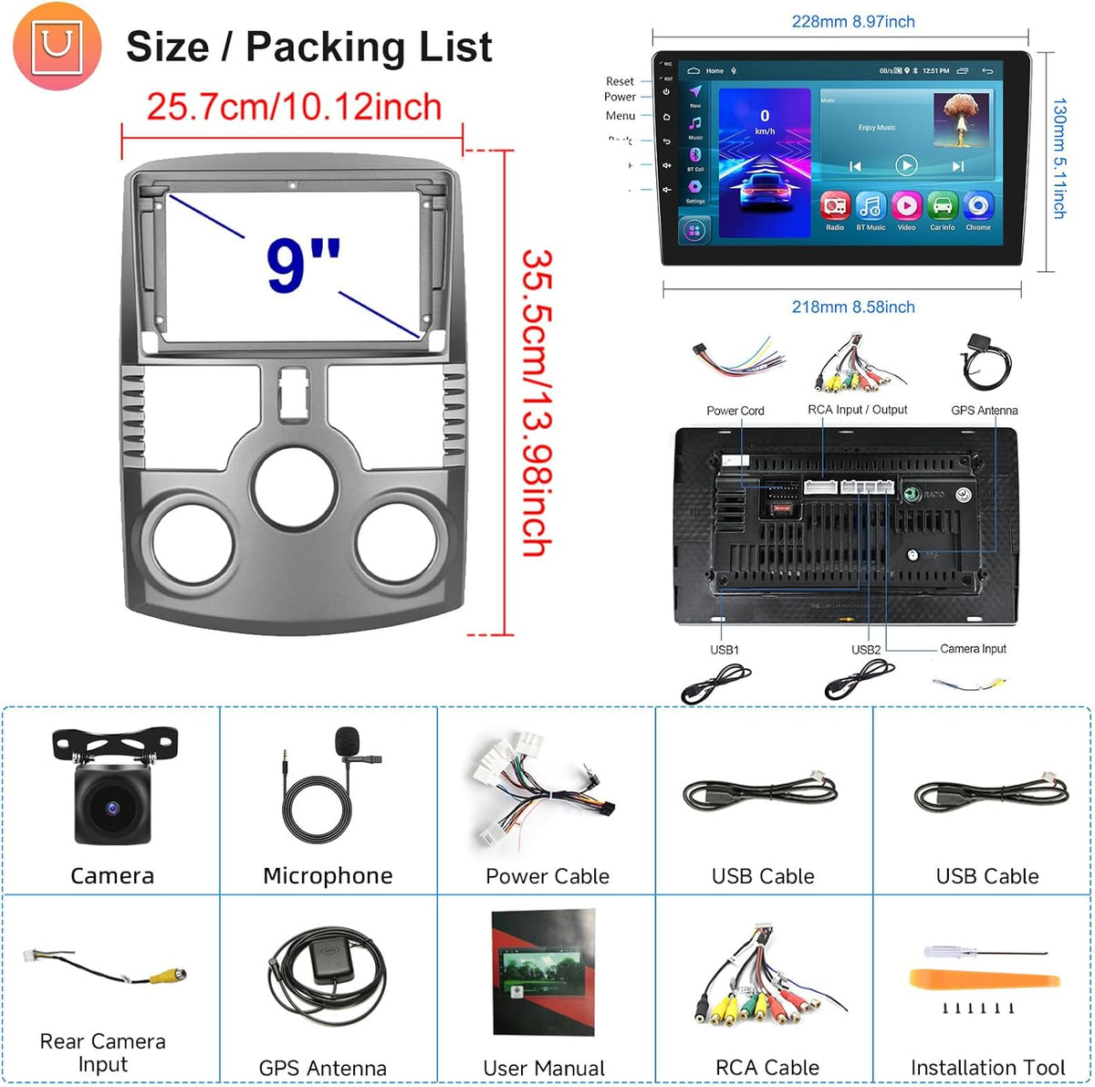 Hodozzy 2G+64G Android Autoradio voor Toyota Rush Daihatsu Terios 2006-2016 Draadloze Carplay Android Auto, 9 Inch Touchscreen Display met GPS Navi WiFi Bluetooth Hifi FM RDS Radio met Canbus