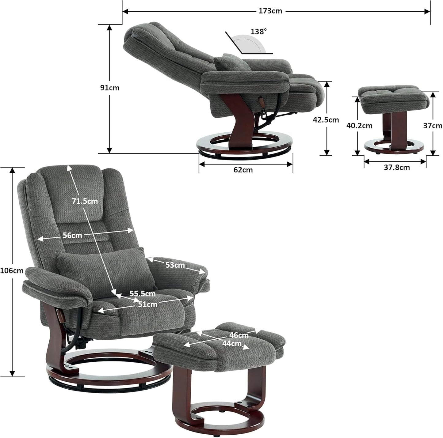 Fauteuil – Relaxstoel – Draaifauteuil – Leesstoel – Loungechair – 360° Draaibaar – Verstelbare Rugleuning – Inclusief Hocker – Grijze Stof – Max 120 kg