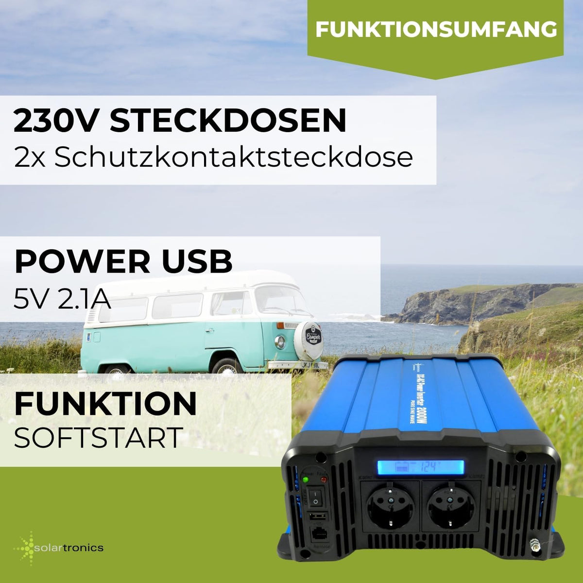 solartronics Spanningsomvormer FS2000D 12V 2000/4000 Watt Pure Sinus BLAUW m. Display FS Serie LiFePO4 / lithium, lood-, gel of AGM-batterij compatibel inverter omvormer