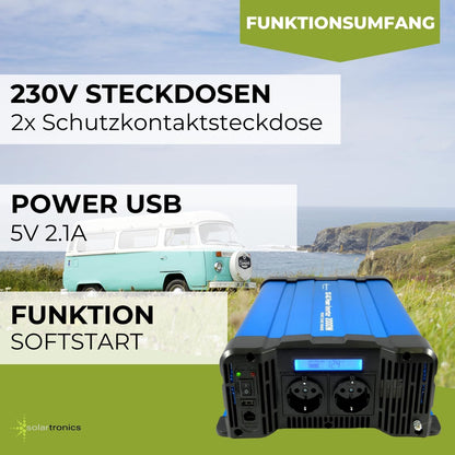 solartronics Spanningsomvormer FS2000D 12V 2000/4000 Watt Pure Sinus BLAUW m. Display FS Serie LiFePO4 / lithium, lood-, gel of AGM-batterij compatibel inverter omvormer