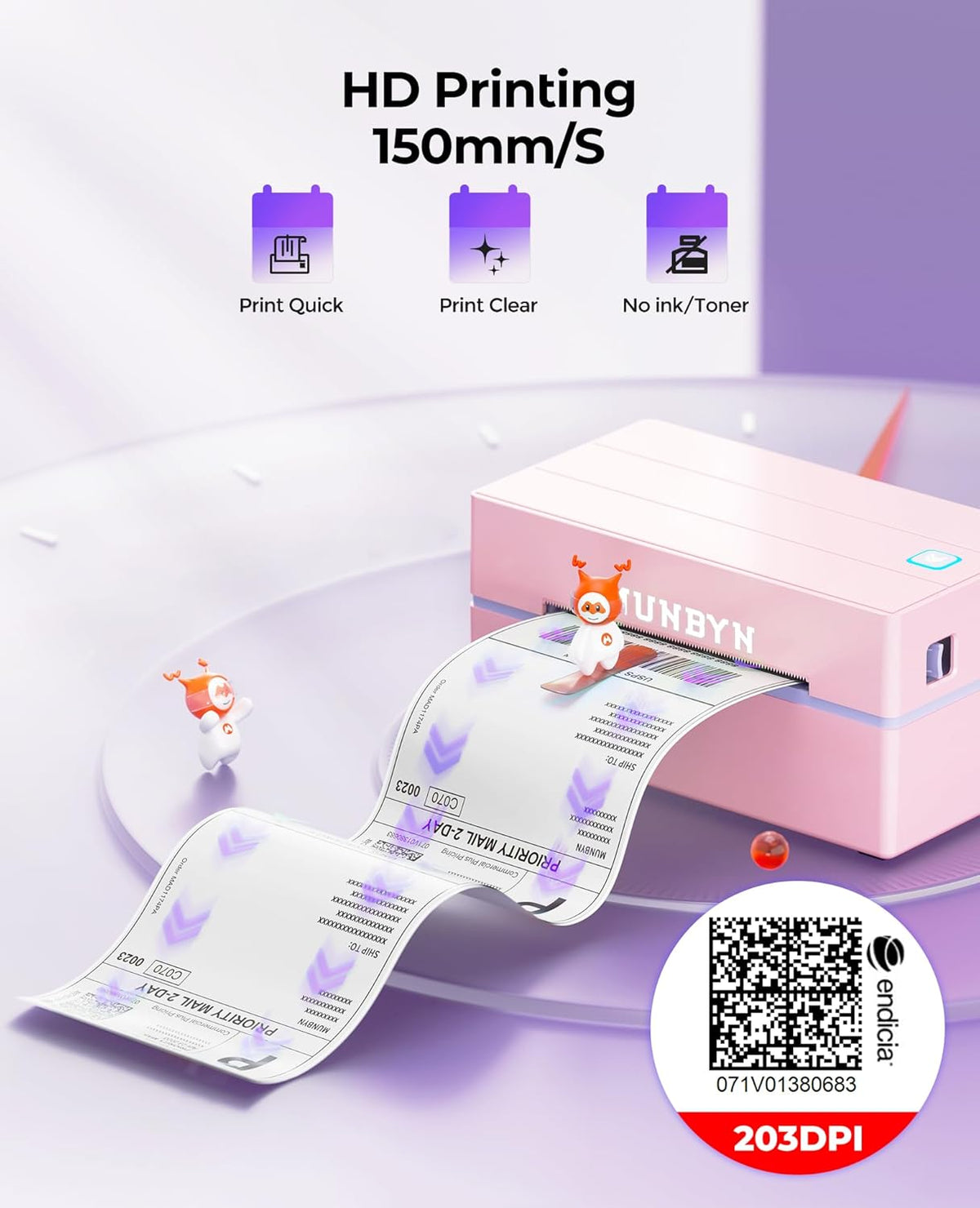 MUNBYN Labelprinter Bluetooth 4x6, Thermische Labelprinter, Ideaal voor kleine bedrijven en thuisgebruik, Compatibel met iOS, Android, Windows, Chromebook, DHL en UPS, Roze