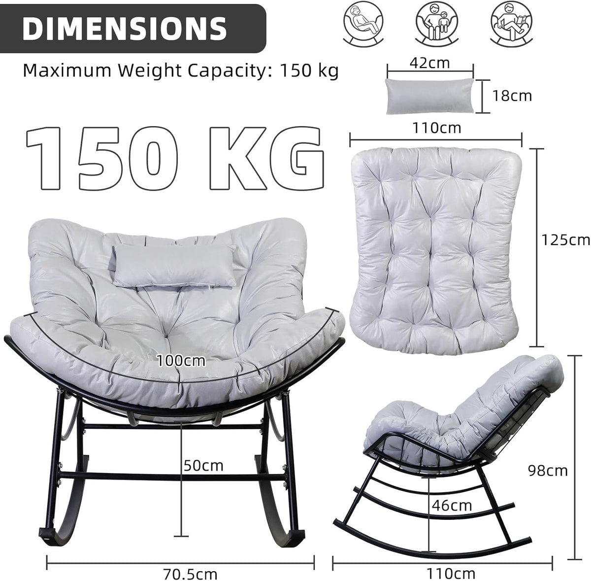 Schommelstoel – Schommelzetel – Relaxstoel – Wipstoel – Lounge Stoel – Extra Groot – Anti-Kantel Design – Waterafstotend Kunstleder – Grijs