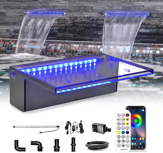 LONGRUN waterval overlaat, app-besturing Multicolor LED-licht buitenzwembad fontein, acryl water spillway koi vijver watervallen fonteins kit voor tuin patio zwembad decoratie-30 cm