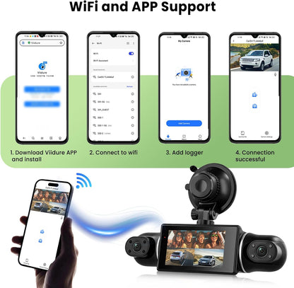 Hodozzy 2K WiFi 4-kanaals dashcam auto met app-bediening, dashcam met lusopname, 3 inch dashcam met nachtzicht, G-sensor, spiegelafbeelding, parkeermodus, spiegelfunctie, achteruitrijhulp + TF