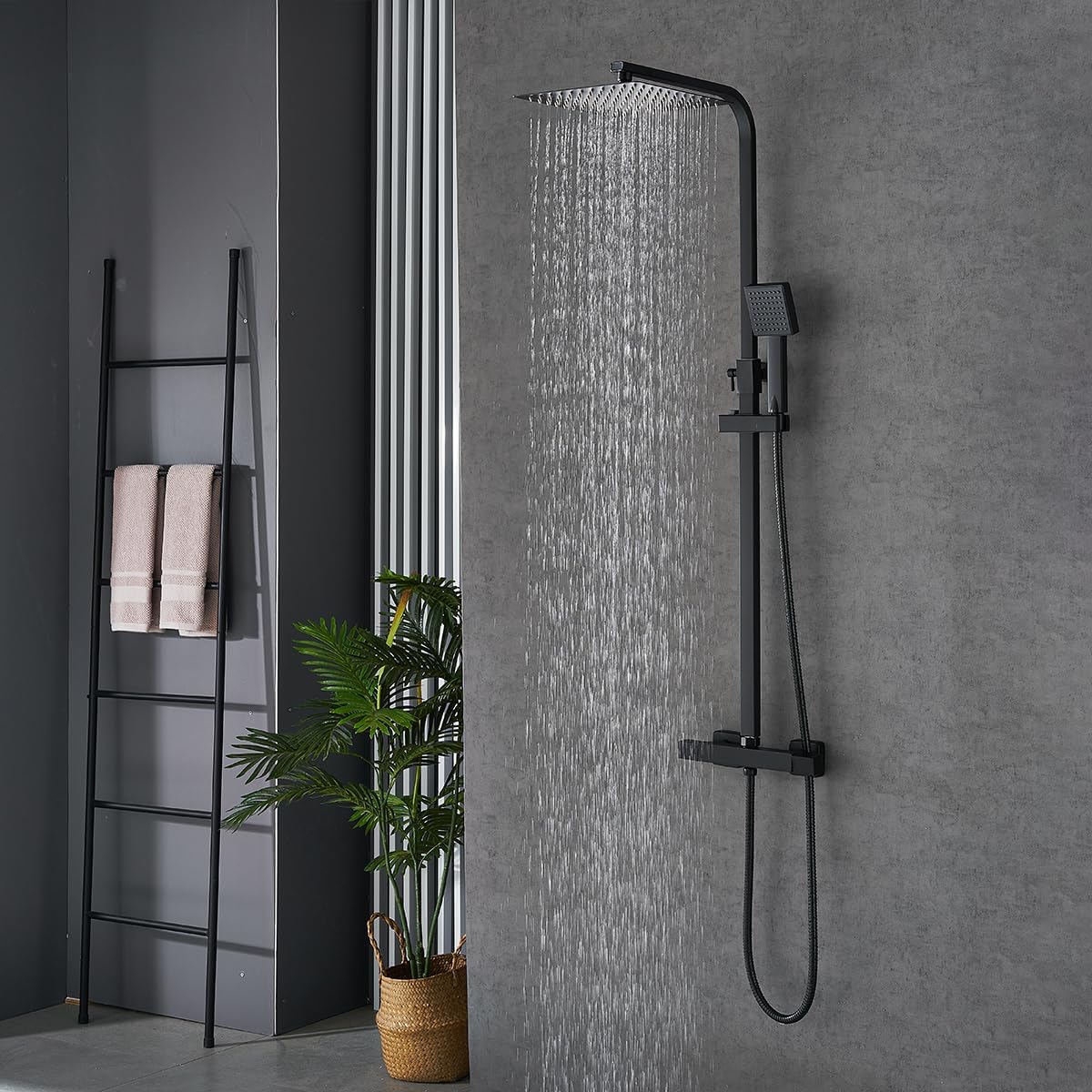 Douchesysteem met thermostaat Zwart, regendouche, Vierkante douchekop 25x25cm, doucheset, douche incl. ABS handdouche, roestvrij stalen douchestang