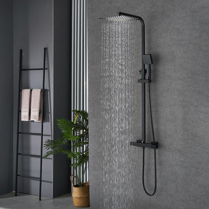 Douchesysteem met thermostaat Zwart, regendouche, Vierkante douchekop 25x25cm, doucheset, douche incl. ABS handdouche, roestvrij stalen douchestang