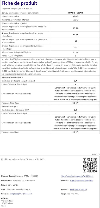 Vigo 9 Draagbare airconditioner, 9000 BTU, met warmtepomp en luchtontvochtiger, R290-gas, geavanceerde functies, draadloze lcd-afstandsbediening, programmeerbare timer en wielen, 63 dB