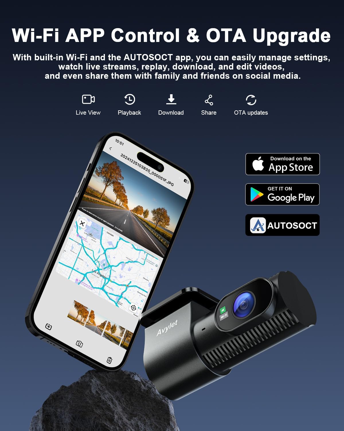 Dubbele dashcam voor en achter – Dashcam – Autocamera – Dashboardcamera – Car camera – 4K + 1080P opname – 5 GHz wifi en app bediening