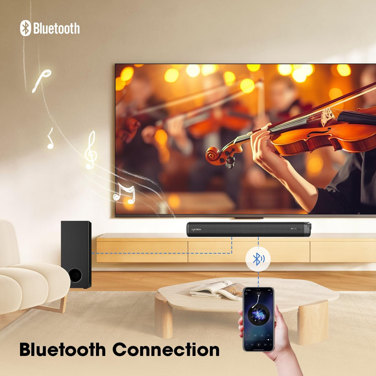 Soundbar voor TV 120W met Dolby Atmos, 2.1CH Surround Sound, TV Soundbar met Bedrade Subwoofer, 3D Home Cinema Geluid, 4 EQ Modi