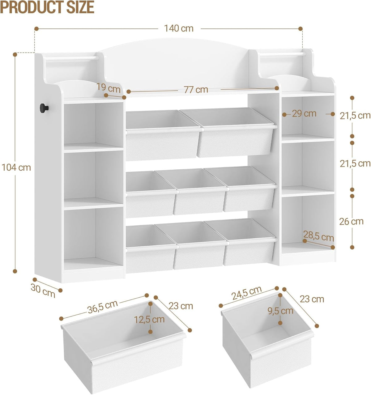 Hzuaneri Children's Bookshelf, Wooden Bookshelf, Toy Shelf with 8 Non-woven Boxes, Suitable for Children's Room, Living Room, Study Room White 30 x 140 x 104 cm KB43003W