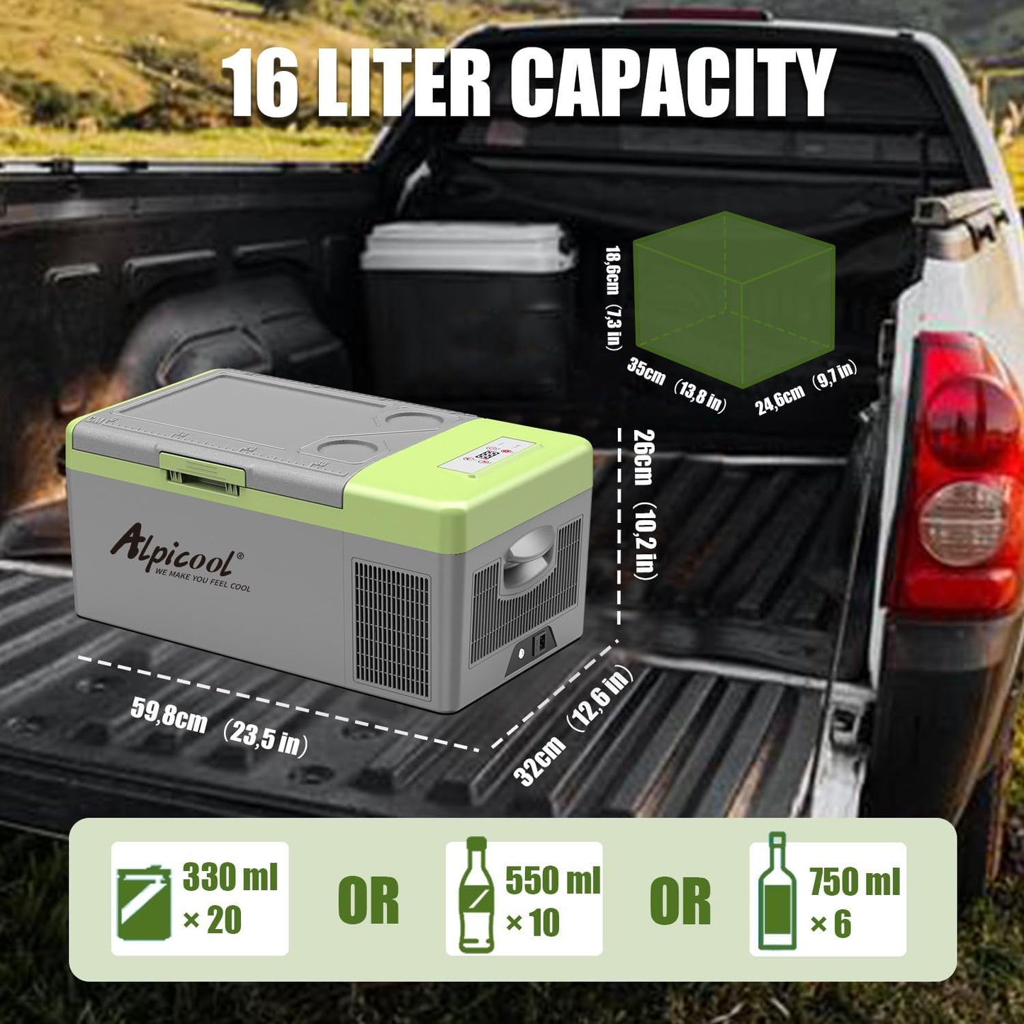 Alpicool Y16T Koelbox, 15 liter, 12 V, mini-koelkast, elektrische compressor, auto-koelkast, camping, vriesbox, klein, draagbaar, voor auto, vrachtwagen, boot, camper