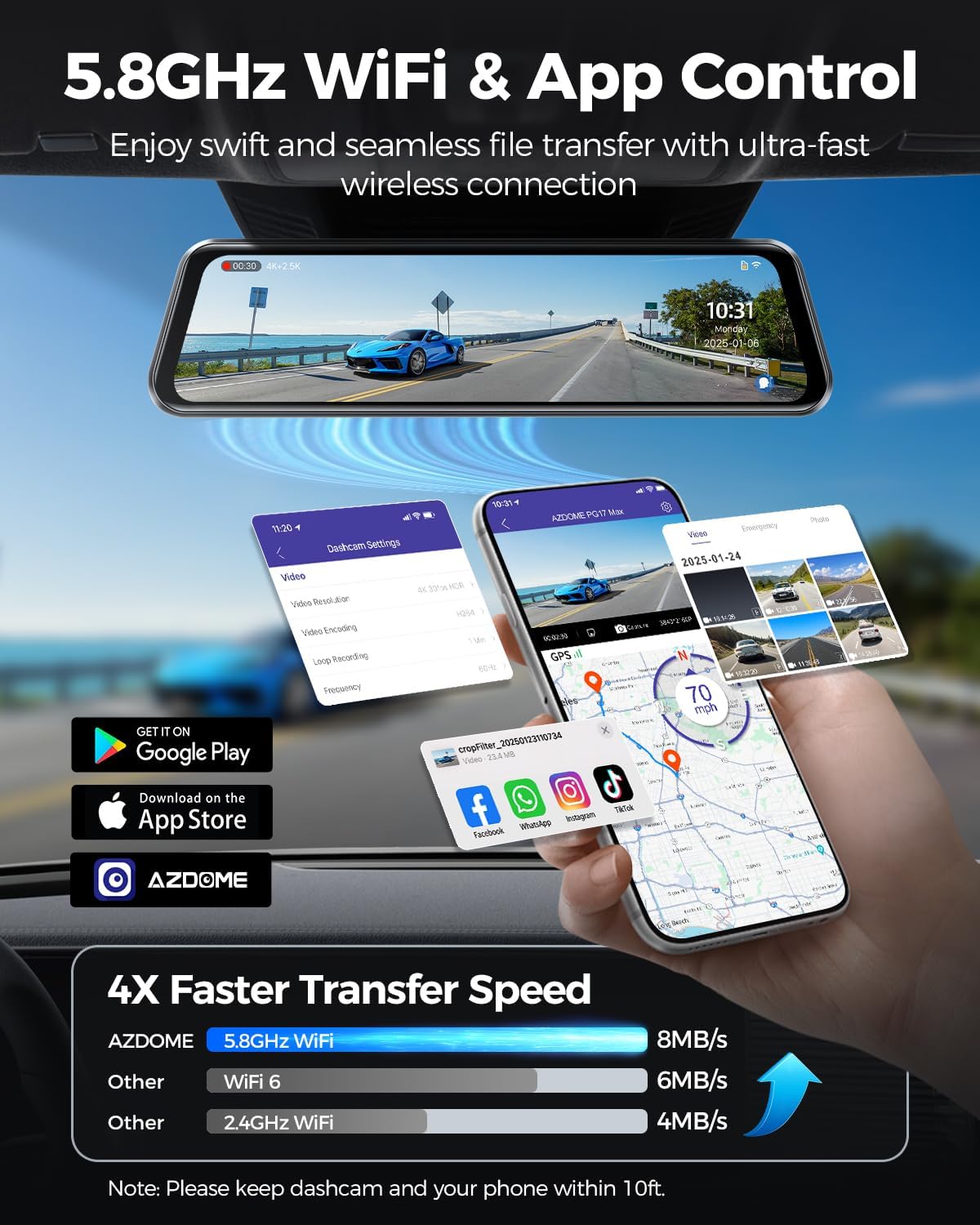 AZDOME 4K spiegel-dashcam, voor aan de auto, voor en achter met 2,5K achtercamera, 5G wifi-autocamera, 64 GB kaart inbegrepen, super nachtzicht, dashcam, GPS, spraakbediening, 12 inch IPS-touchscreen