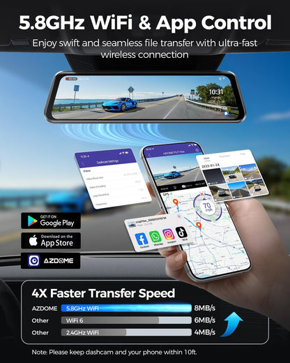 AZDOME 4K spiegel-dashcam, voor aan de auto, voor en achter met 2,5K achtercamera, 5G wifi-autocamera, 64 GB kaart inbegrepen, super nachtzicht, dashcam, GPS, spraakbediening, 12 inch IPS-touchscreen