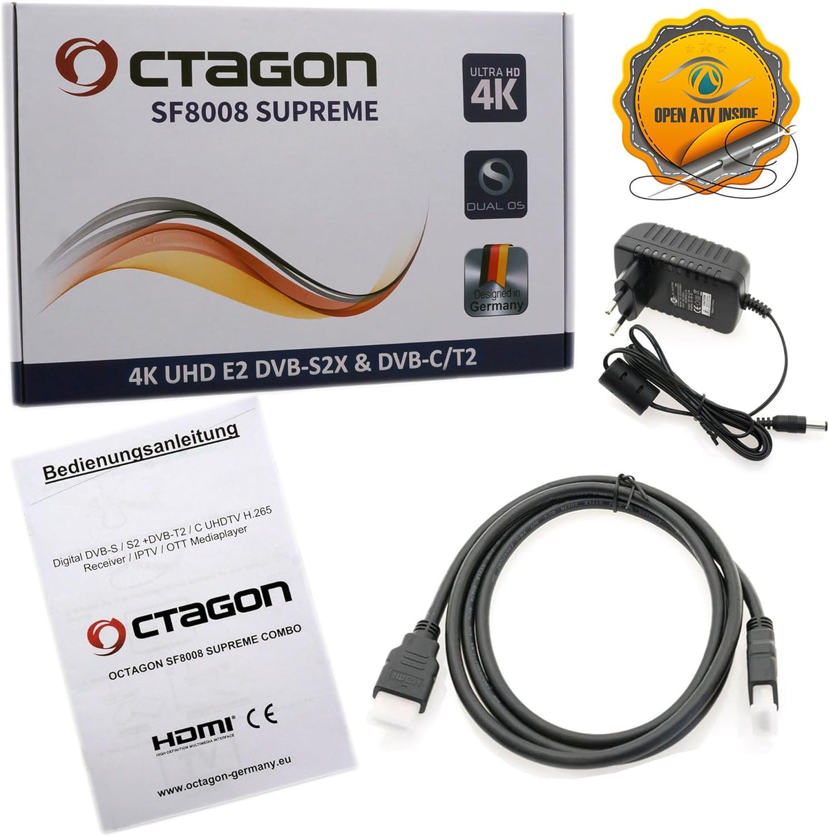 OCTAGON Combi-ontvanger SF8008 4K UHD HDR 1x DVB-S2X en 1x DVB-C/DVB-T2 - satelliet, aardse kabel/signaal, E2 Linux Smart TV, mediaserver, opnamefunctie, EasyMouse HDMI, Dual