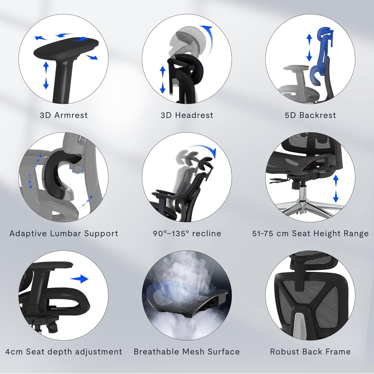 Ergonomische Bureaustoel – Werkstoel – Office Chair – Bureaustoel Met Hoofdsteun – Draaibare Bureaustoel – Adaptieve Lendensteun – Verstelbare Zithoogte en 3D-Armleuningen – Ademend Mesh-Materiaal