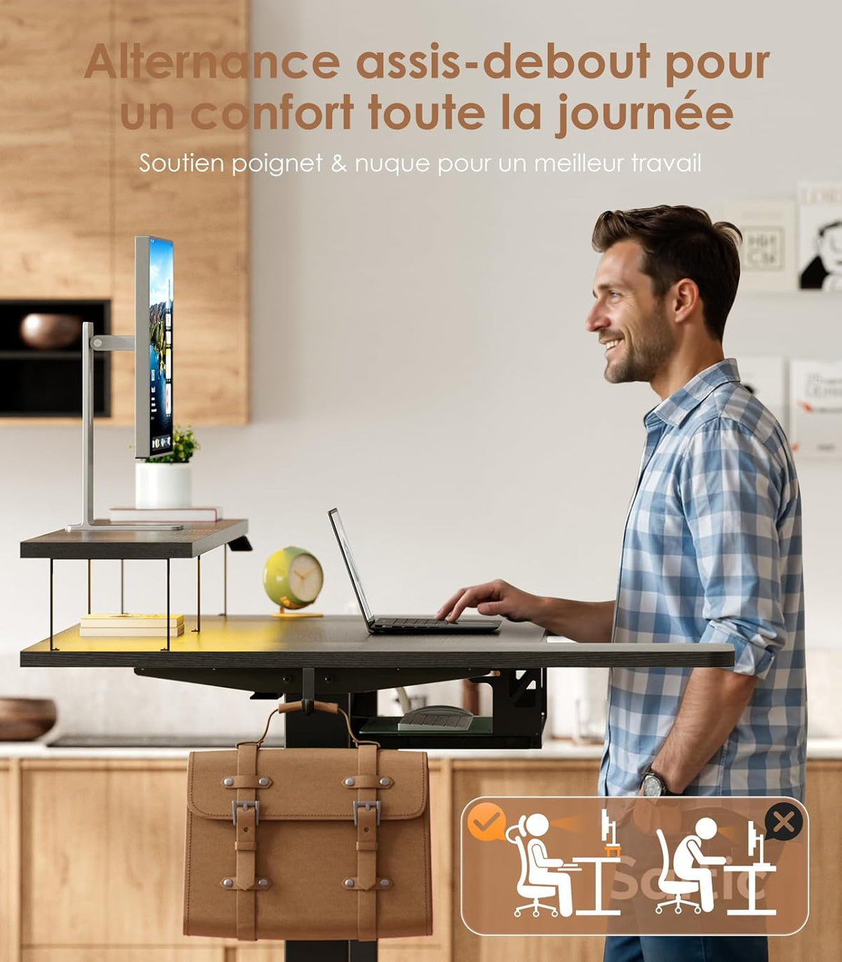 OffiGo U-Shaped Height Adjustable Desk, 140 cm, Electric Standing Table with Monitor Stand, Sockets and USB Charging Port, Standing Desk with LED, Gaming and Office, Computer Table, Black - QUORE