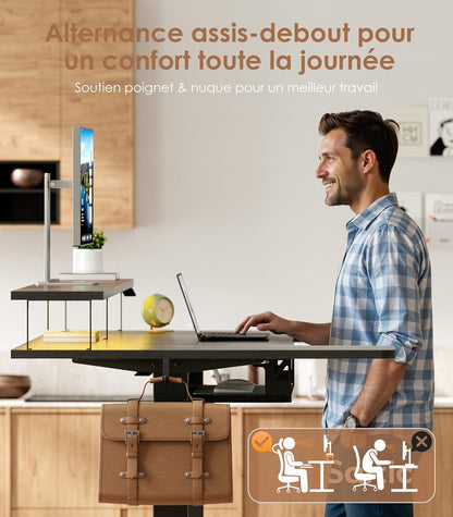 OffiGo U-Shaped Height Adjustable Desk, 140 cm, Electric Standing Table with Monitor Stand, Sockets and USB Charging Port, Standing Desk with LED, Gaming and Office, Computer Table, Black - QUORE